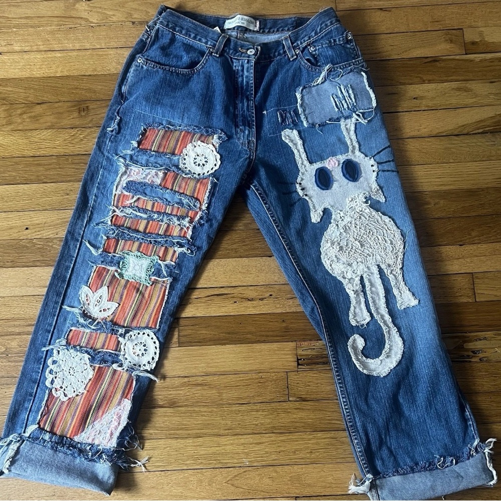 Vintage Levi's UPCYCLED PUSSYCAT Patchwork denim Blue Jeans 34 OOAK